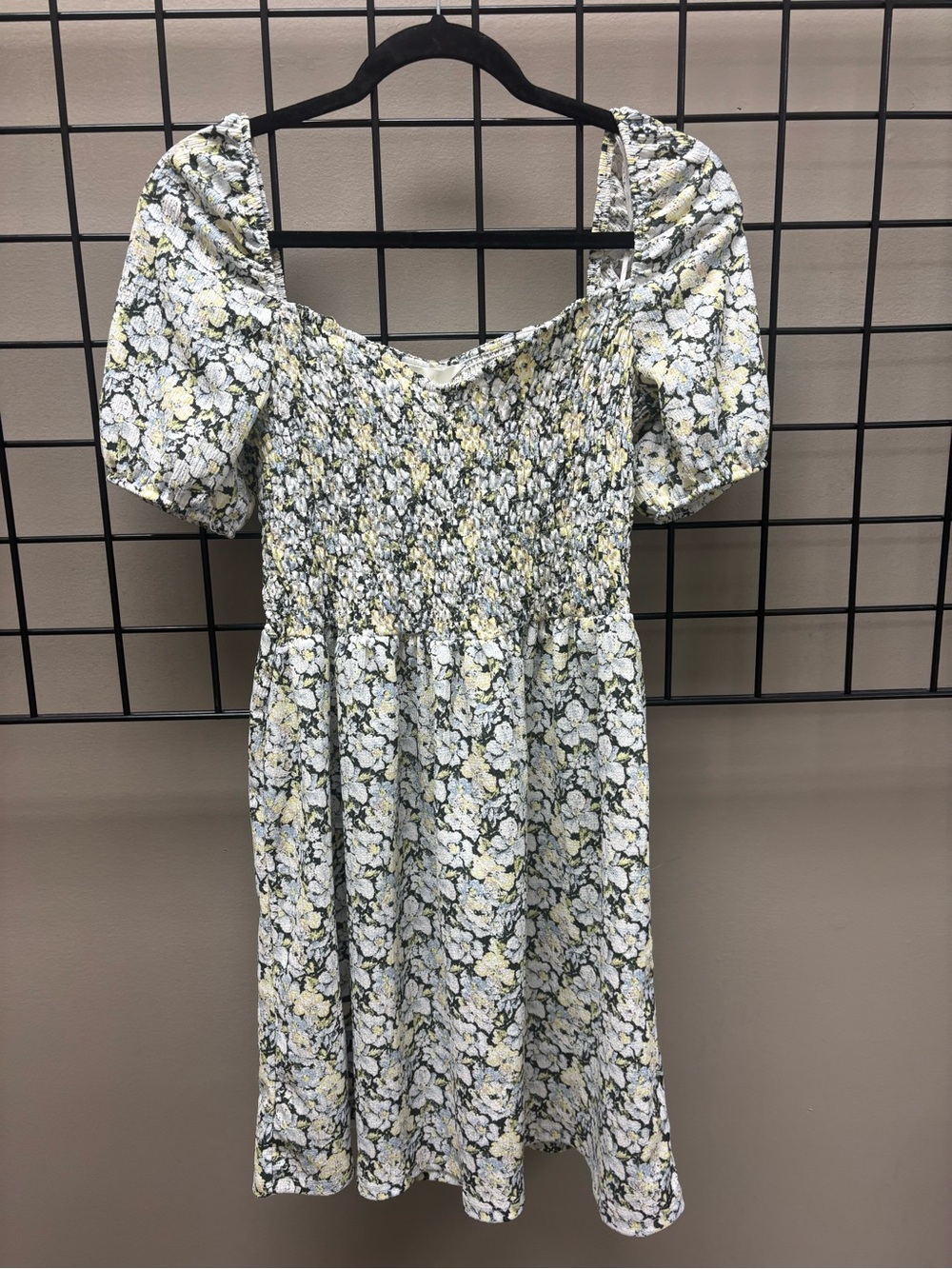 H&M White and Yellow Floral Smocked Short Dress